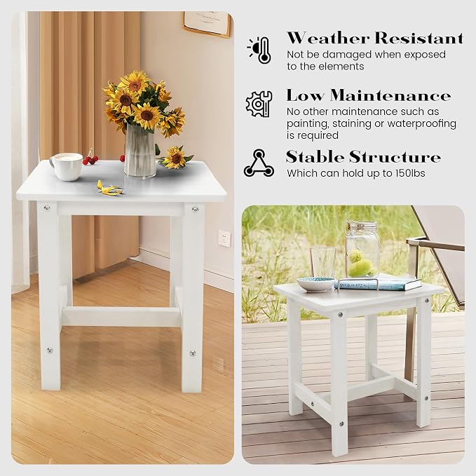 Outdoor Side Table, Adirondack Small Patio Table, Plastic Small Table, HDPS Side Table for Pool, Balcony, Porch, Deck, Backyard, Indoor or Outdoor Use, White
