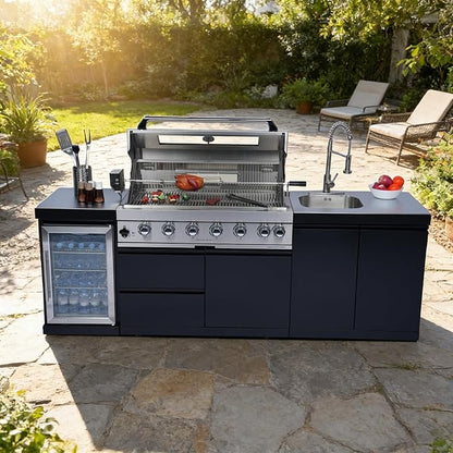 96-Inch Natural Gas Outdoor Kitchen Grill Island with 85,000 BTU, 6-Burner Outdoor Kitchen Bar Island Grill, Stainless Steel BBQ, Refrigerator, Rotisserie, Stainless Steel Countert, Black