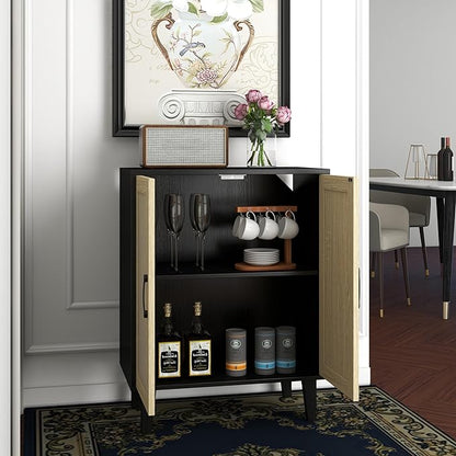 Panana Buffet Cabinet Sideboard with Rattan Decorated Doors Kitchen Storage Cupboard Accent Cabinet (Black)