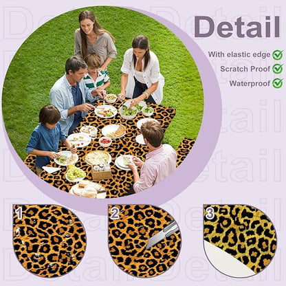 Leopard Print Picnic Table Cover with Bench Covers Set, Waterproof Elastic Fitted Tablecloth for Outdoor Picnic Tables, Durable Vinyl Animal Print Table Cover for Camping, BBQs, and Patio Parties