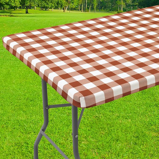 Smiry Rectangle Picnic Table Cloth, Elastic Waterproof Fitted Vinyl Tablecloths, Flannel Backed Buffalo Plaid Table Covers for Dining, Camping, Outdoor, Thanksgiving (White and Rust, 30" x 96")