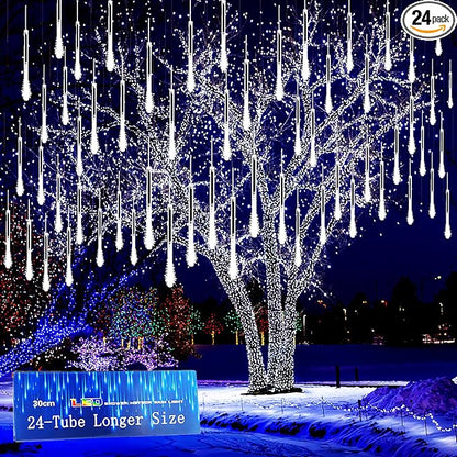 Kwaiffeo Christmas Lights Outdoor, 24 Tubes(Equivalent to 3 Sets of 8-Tubes) Meteor Shower Light Snow Falling Icicle Lights for Xmas Tree Halloween Decoration Wedding Party Window, UL Plug, White