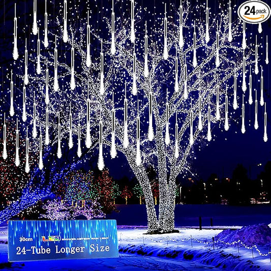 Kwaiffeo Christmas Lights Outdoor, 24 Tubes(Equivalent to 3 Sets of 8-Tubes) Meteor Shower Light Snow Falling Icicle Lights for Xmas Tree Halloween Decoration Wedding Party Window, UL Plug, White
