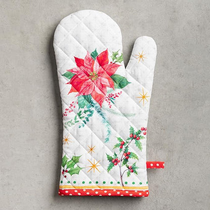 Maison d' Hermine Oven Gloves 100% Cotton Oven Mitt 7" x 13" with Loop Heat Resistant Cooking Gloves for Thanksgiving Christmas Decorations Baking Handling Hot Pans (Pack of 1, Poinsettia Christmas)