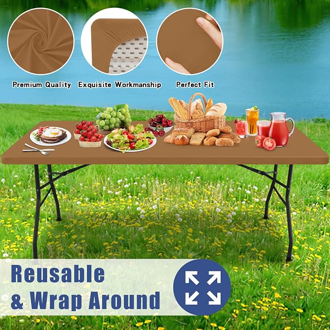 Moosfor Spandex 4 Foot Rectangle Table Cloth, Elastic Fitted Tablecloths for Picnic, Stretch Washable Patio Table Cover for Outdoor, Camping, Banquet and Parties (Brown, 24"x48")