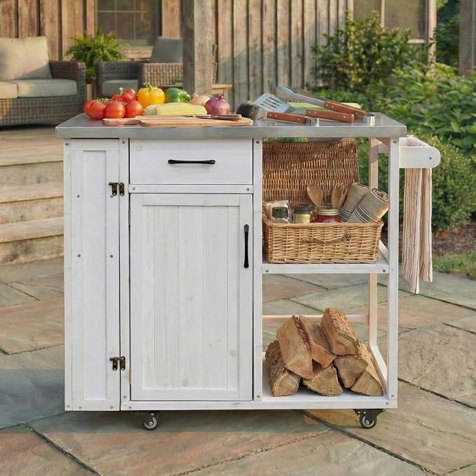 JIVOIT Outdoor Kitchen Island with Stainless Steel Worktop, Fir Wood Prep Station Lockable Kitchen Cart with Ample Storage Space, Towel and Spice Racks for Patio and Outdoor (White/122)