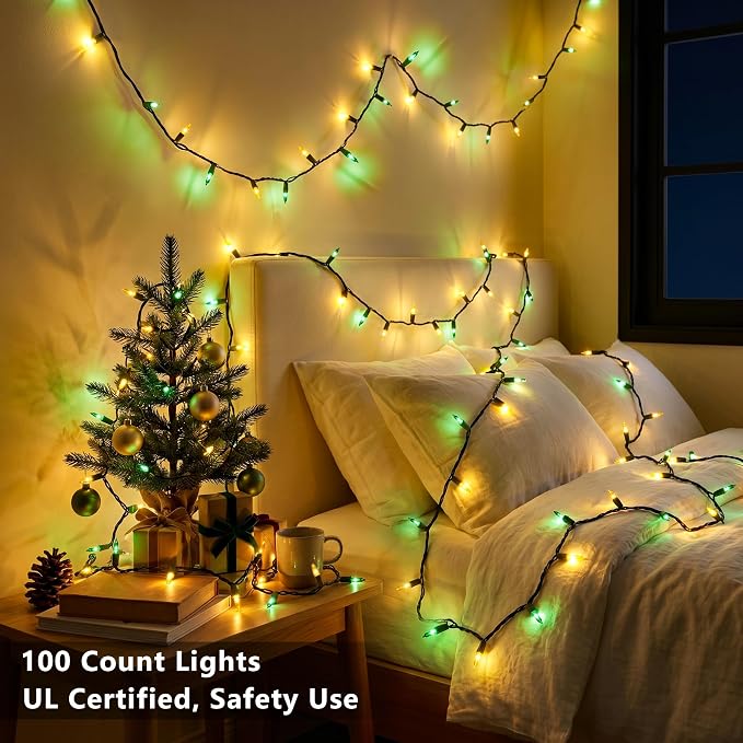 BrizLabs Christmas Lights, 100 Count 19.7ft Yellow & Green String Lights | Connectable; UL Certified; Incandescent Mini Lights Plugin Green Wire Indoor Outdoor St. Patrick's Day Xmas Tree Party Decor