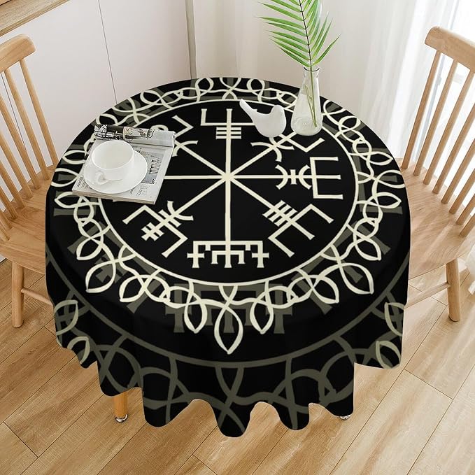 Vintage Viking Pattern Round Tablecloth, Viking Ancient Runic Scandinavian Celtic Seasonal Table Cloth Waterproof Wipeable Table Cover for Picnic Holiday Party Kitchen Dining 36"