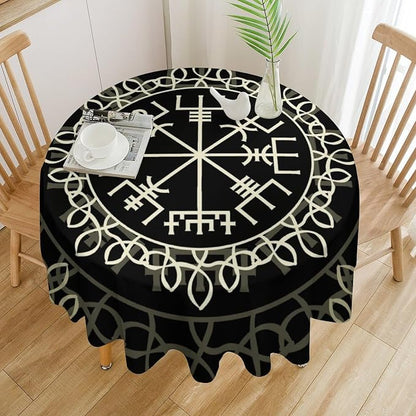 Vintage Viking Pattern Round Tablecloth, Viking Ancient Runic Scandinavian Celtic Seasonal Table Cloth Waterproof Wipeable Table Cover for Picnic Holiday Party Kitchen Dining 36"