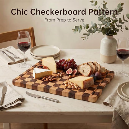 Cutting Boards for Kitchen, Checkered Cutting Board Upgraded, Acacia Wood Chopping Board with Juice Grooves & Handles, Large Butcher Block Serving Tray with Gift Box, 17"X12"X0.8"