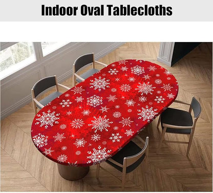 Christmas Oval Fitted Tablecloth - Red Snowflakes Print Elastic Edged Cover, Fits up to 54X76 in Tables, Windproof for Indoor Restaurant and Outdoor Dining Decor