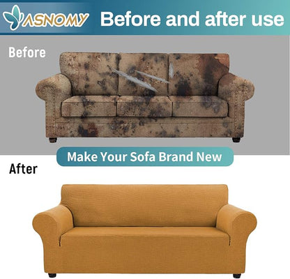 Asnomy Stretch Couch Covers for Sofa Washable, 3 Cushion Couch,Golden | 1-Piece Sofa Covers(78"-94") 3-Seater Furniture Protector Soft Jacquard,Non-Slip Elastic Bottom For Dogs & Kids