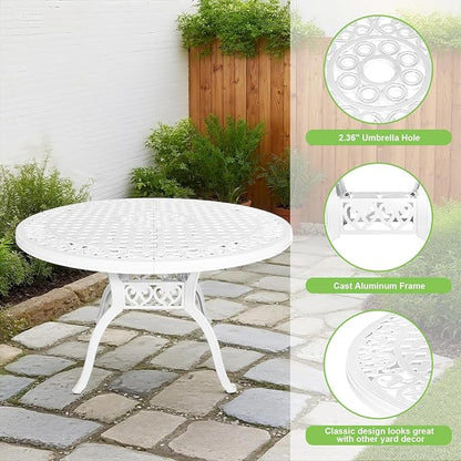 48.23" Patio Dining Table, All-Weather Cast Aluminum Table with 2.36" Umbrella Hole, Patio Furniture Table, Outdoor Dining Table for Backyard and Poolside