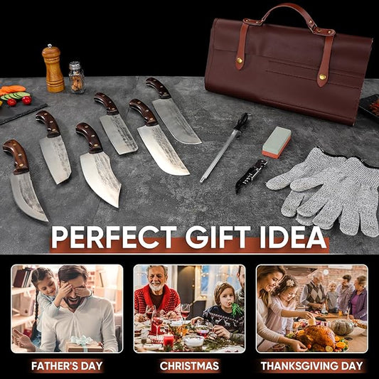 TIJERAS 14PCS Butcher Knife Set for Meat Cutting, Premium Japanese Chef Knives with Bag, High Carbon Steel BBQ Cooking Kitchen Knives Set, Gifts for Men Women