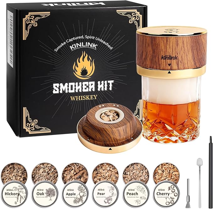 Electric Whiskey Smoker Kit - 7 Led Light, 6 Flavors Wood Chips, Gold Magnetic Old Fashioned Smoker Kit, Cocktail Whiskey Drink Smoke Bar Set, Gifts for Men Boyfriend Husband