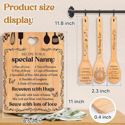 Gifts for Nanny - "Recipe for a Special Nanny" Nanny Gifts Cutting Board Set, Bamboo-Made Engraved Utensil Set Nanny Gifts for Grandma, Mothers Day Gifts for Nanny