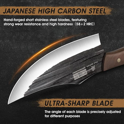 HOSHANHO 8 Pieces Butcher Kitchen Knife Set, Hand Forged High Carbon Stainless Steel Magnetic Knife Block Set, Ultra Sharp Chef Knives Set with Meat Cleaver Knife & Bone Chopper Knives Gift for Men