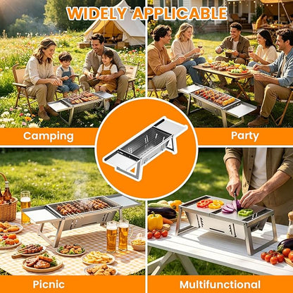 Foldable Stainless Steel Charcoal Grill, Ultra-Portable Mini BBQ Grill with Adjustable Heat, Tabletop Barbecue Grill for Camping, Picnic, Backyard, Terrace & Travel