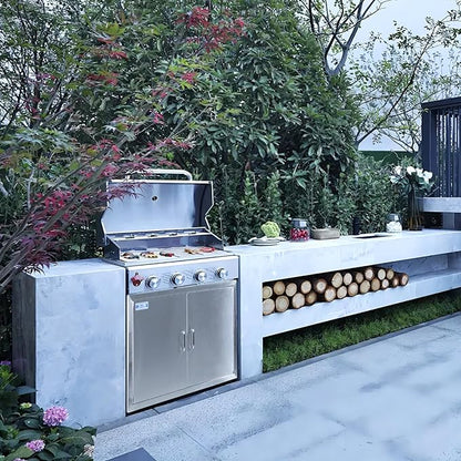 Hally Outdoor Kitchen Doors 31" W x 24" H of 304 Stainless Steel BBQ Double Access Door with 2 Detachable Handles and 6 Hooks, for BBQ Island, Grilling Station, Outdoor Cabinet