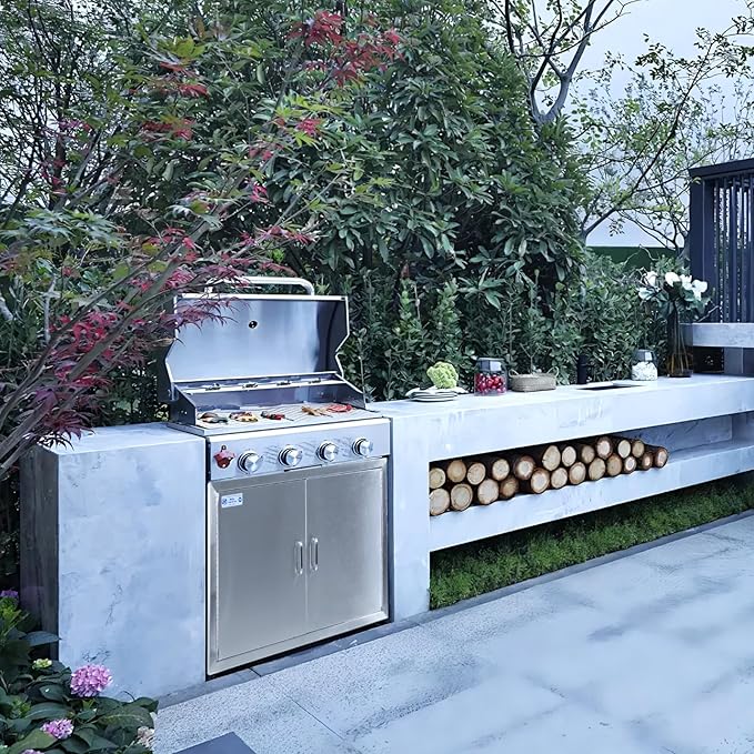 Hally BBQ Access Door 36" W x 21" H of 304 Stainless Steel Double Doors with 2 Detachable Handles and 6 Hooks, Outdoor Kitchen Doors for BBQ Island, Grilling Station, Outdoor Cabinet