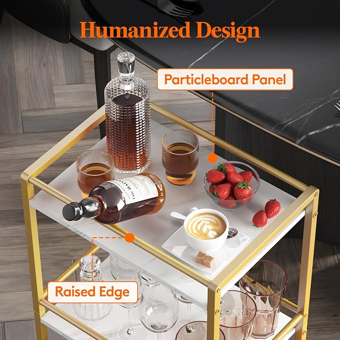 Lifewit Mini 3 Tier Rolling Bar Cart with Lockable Wheels, Gold | Drink serving liquor utility cart for dining living room, compact size 17 x 11.8 x 32.1 inch, mobile wine storage trolley