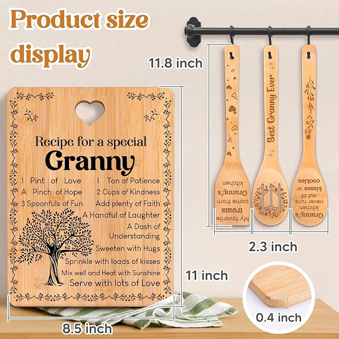Granny Gifts - "Recipe for a Special Granny" Gifts for Granny Cutting Board Set, Bamboo-Made Engraved Utensil Set Granny Birthday Gifts from Grandchildren, Mothers Day Gifts for Granny.