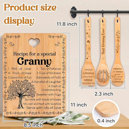 Granny Gifts - "Recipe for a Special Granny" Gifts for Granny Cutting Board Set, Bamboo-Made Engraved Utensil Set Granny Birthday Gifts from Grandchildren, Mothers Day Gifts for Granny.