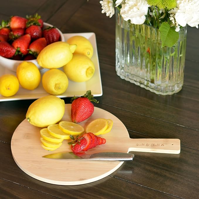 Chill and Grill Cutting Board, Paddle Shaped, Bamboo, Embellished Handle, Usable on Both Sides, Over 1 Foot Long, 14.5 x 10.25 Inches