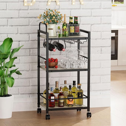 Bar Cart for The Home, 3 Tier Kitchen Carts with Wheels, Small Rolling Cart with Glass Holders, Wine Rack, Mini Bar Cart for Kitchen, Dining Room, Living Room, 13.0" D x 17.0" W x 33.8" H, Greige