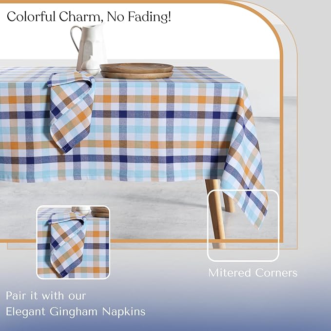 Gingham Tablecloth 60"x84" Cotton Washable Table Cover for Indoor Outdoor Dining, Holiday Events, BBQ, Everyday Table Settings, Indigo Blue, Mustard Yellow, Aqua Blue White
