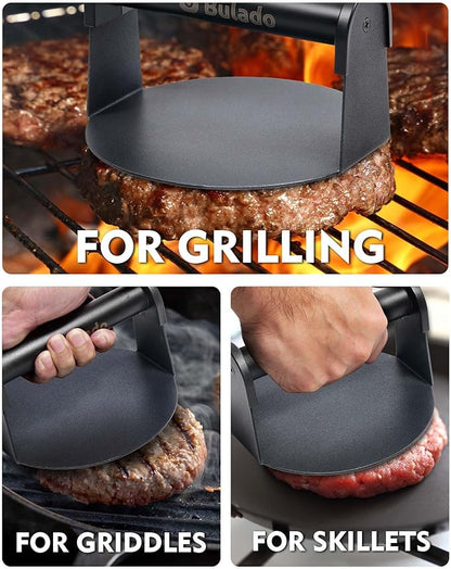 Bulado Burger Press, 6'' Round Burger Smasher for Griddle with Heat-Resistant Handle, Teflon-Coated Iron Non-Stick Hamburger Smasher Tool for Flat Top Griddle, Grill, BBQ, Cooking, Gift Package
