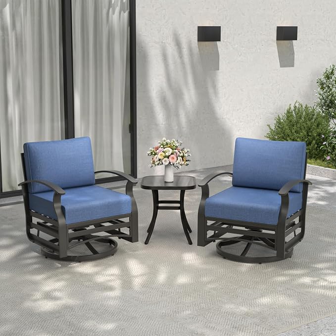ALAULM 3 Piece Aluminum Outdoor Swivel Chairs High Back Metal Swivel Rocking Chairs with 5.1" Sponge Cushions &1 Coffee Table for Patio, Porch, Backyards, Garden(DarkBlue)