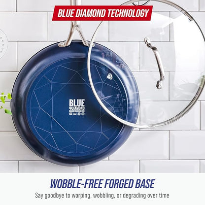 Blue Diamond 12" Diamond Ceramic Nonstick Frying Pan Skillet with Lid, Blue | PFAS-Free Ceramic Nonstick, Dishwasher & Oven Safe, Stay Cool Handle, Durable Metal Utensil Safe, Egg & Omelet Pan