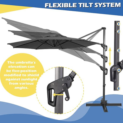 Sunnyglade 10Ft Cantilever Patio Umbrella, 360° Rotation & Integrated Tilting System Offset Umbrella with 8 Sturdy Ribs, Fade-resistant & Waterproof for Garden Backyard Poolside Deck