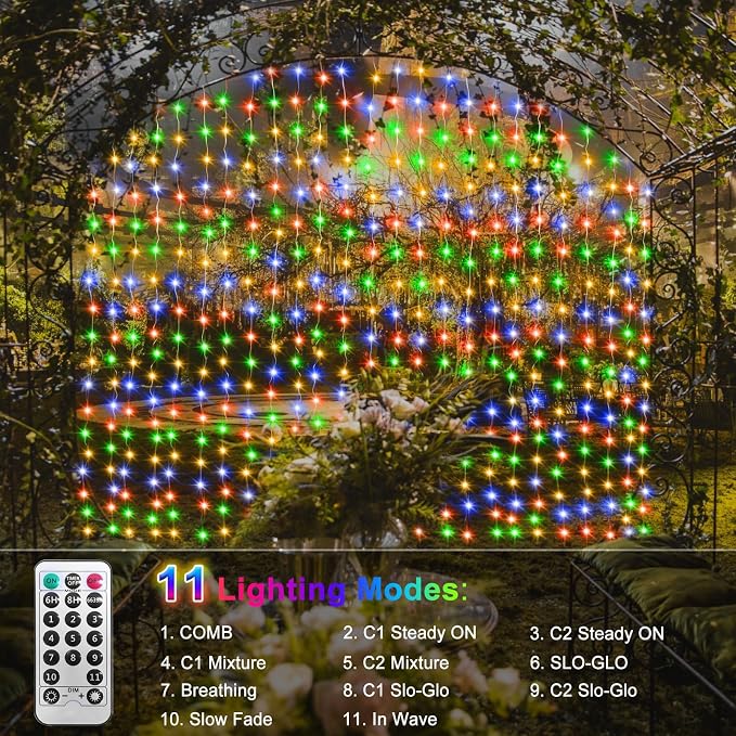 10x10Ft Curtain Lights 300 LED Dual Color Changing Lights with Timer Remote | Plug in Curtain Lights Connectable Outdoor Waterproof String Light for Bedroom Wedding Party Decor, Warm White & Multicolor