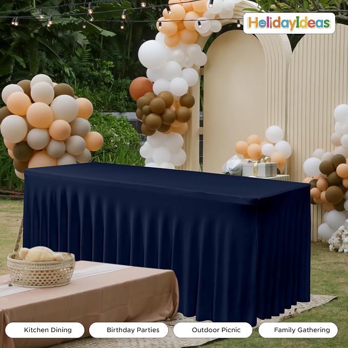 4 Pack Navy Spandex Table Covers 8ft Rectangle Ruffle Skirts for Party | Elastic Table Covers 8 Foot, Pleated Fitted Table Cloths, Wrinkle Resistant Elegant Table Skirts Wedding, Banquets