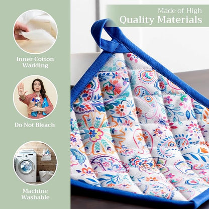 Maison d' Hermine Pot Holders 100% Cotton Potholders (8" x 8", Pack of 1) | Heat Resistant Hot Pads with Loop BBQ Cooking Baking Farmhouse Kitchen Handling Hot Pans Spring Summer - Indian Floral
