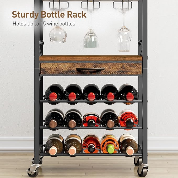 3-Tier Bar Cart with Drawer, Home Bar Serving Cart with Glass Holder and Handle, Rolling Mini Liquor Bar for Wine Beverage Dinner Party, Drink Cart for Home Kitchen Bars, Rustic Brown 8001TCBF
