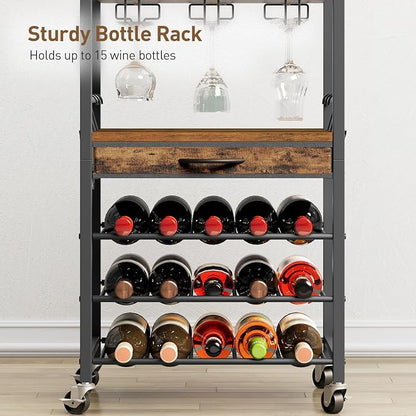 3-Tier Bar Cart with Drawer, Home Bar Serving Cart with Glass Holder and Handle, Rolling Mini Liquor Bar for Wine Beverage Dinner Party, Drink Cart for Home Kitchen Bars, Rustic Brown 8001TCBF