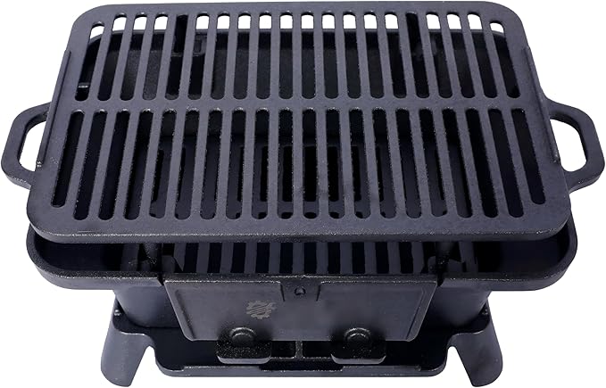 LuckyNote Oval Iron Grill Outdoor, Portable Charcoal Grill and Tabletop Cast Iron Skillet - 100% Cast Iron, Durable, Small Charcoal Grill, Camping Stove, Hibachi Grill Black