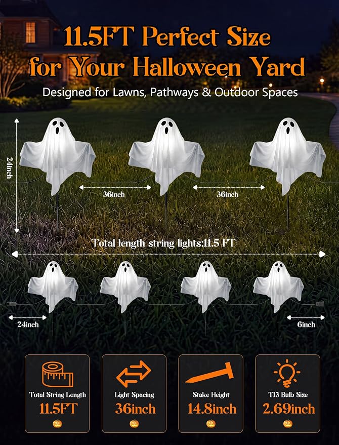11.5FT Halloween Ghost Pathway Lights Outdoor, 4 Pack LED Lawn Stake Lights | Waterproof, Plug in and Hanging Outdoor Halloween Decorations Ghost String Lights for Garden Walkway Driveways Garden Yard