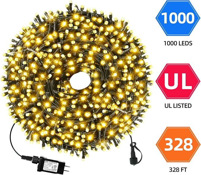 MZD8391 328FT 1000 LED Christmas Light Outdoor Indoor, Christmas Tree Light | Warm White, 100% UL Listed, Waterproof, 8 Light Modes, Timer & Memory, Christmas String Light Decoration, Fairy Tree Light