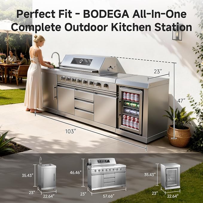 BODEGACOOLER Outdoor Kitchen Island with 6-Burner 97,000 BTU Propane Grill, Stainless Steel BBQ with Built-in Refrigerator and Sink for Backyard hosting, Patio Barbecue