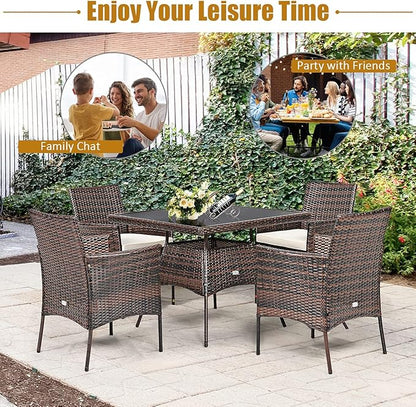 Tangkula 5 Pieces Wicker Patio Dining Set, Outdoor PE Rattan Chairs Table Set with 4 Seat Cushions, Patio Dining Furniture with Tempered Glass Tabletop, Suitable for Porch, Yard