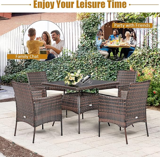 HAPPYGRILL 5 Pieces PE Wicker Patio Dining Set with Table and Chairs with Cushions, Outdoor Patio Furniture Set for Deck, Garden and Backyard (Brown Beige & Glass)