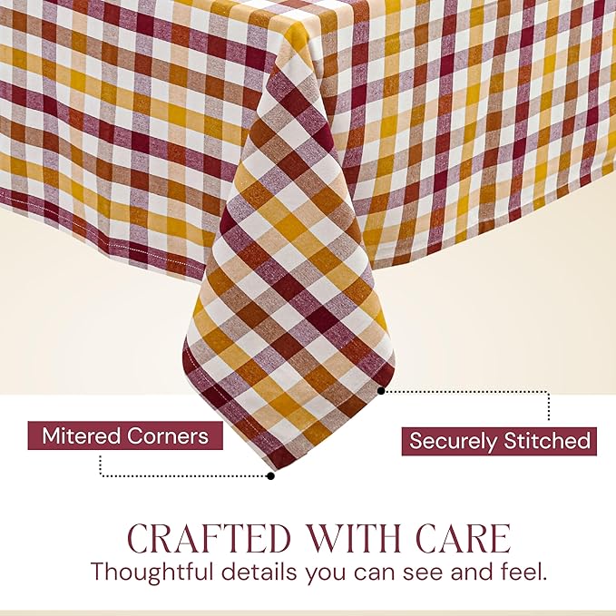 Gingham Check Tablecloth, 60"x84", 100% Cotton, Washable, Reusable Everyday Dining Table Linen Cover for Holidays, Parties, Burgundy Wine - Brown - Mustard Yellow & Natural Plaid