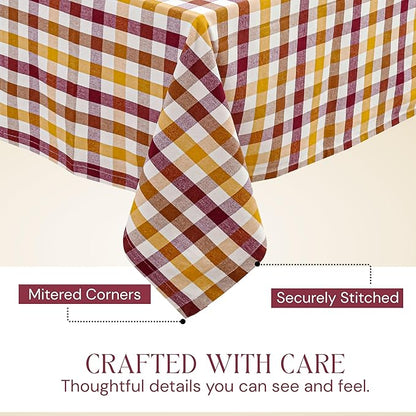 Gingham Check Tablecloth, 60"x102", 100% Cotton, Washable, Reusable Everyday Dining Table Linen Cover for Holidays, Parties, Burgundy Wine - Brown - Mustard Yellow & Natural Plaid