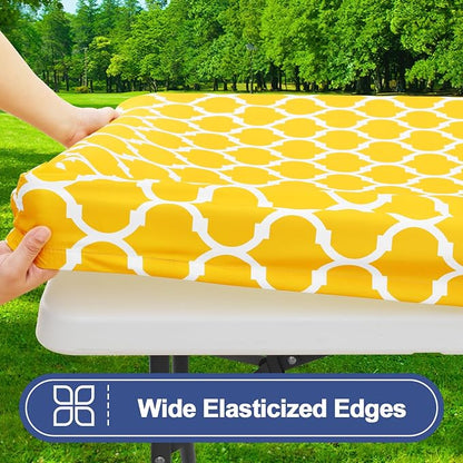 Smiry Picnic Table Cover with Bench Covers, Waterproof Elastic Fitted Tablecloth for 5 Foot Tables, Washable Polyester Tablecloths for Camping, Indoor & Outdoor (Yellow, 30x60 Inch 3-pc Set)