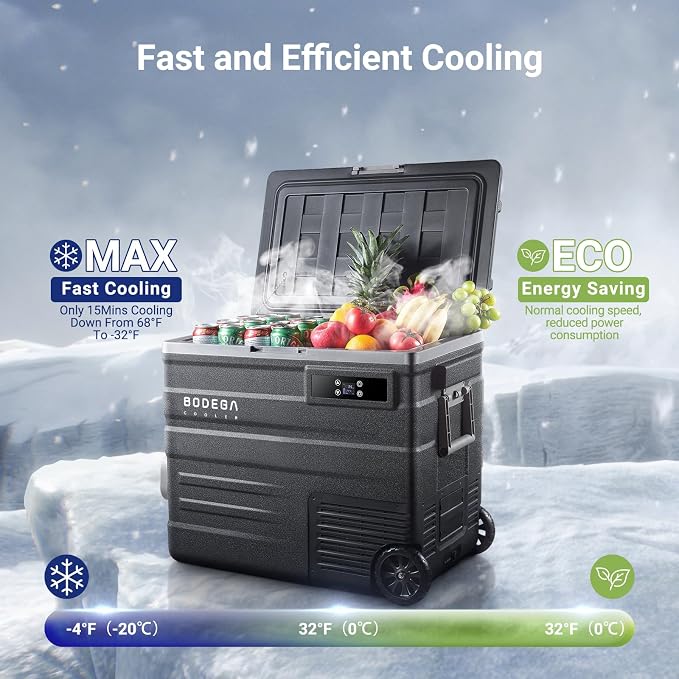 BODEGACOOLER 12 Volt Car Refrigerator,68Quart(65L) Camping Fridge,RV Portable Freezer Single Zone,with APP Control,-4℉-68℉ Car Cooler,12/24V DC and 100-240V AC,for Travel,Truck,Outdoor,Vehicles