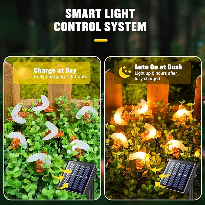 JMEXSUSS 2 Pack Solar String Lights Outdoor, 50 LED, Bee | Outdoor Waterproof, Warm White, 8 Modes Twinkle Lights Solar Fairy Lights for Garden Patio Yard Tree Christmas Decorations